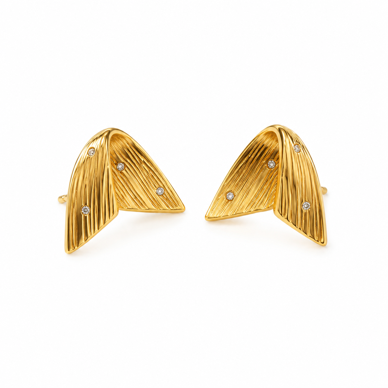 Elegant gold-tone stud earrings with gems Folded Leaf Gold Studs - Image 1
